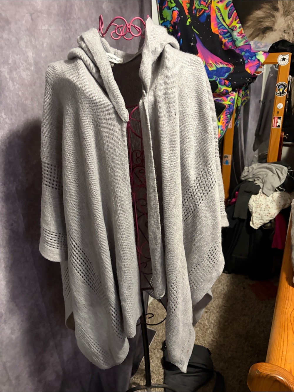 Calvin Klein Light Gray Hooded Knit Poncho